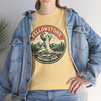 Yellowstone Park Badge Tee | Old Faithful Mountain Pine Trees Retro Circle Design