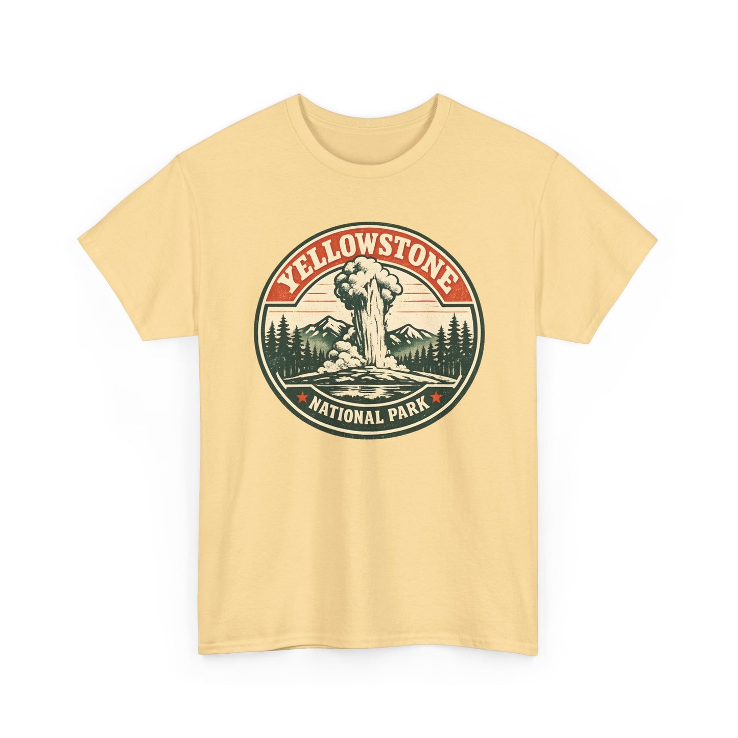 Yellowstone Park Badge Tee | Old Faithful Mountain Pine Trees Retro Circle Design