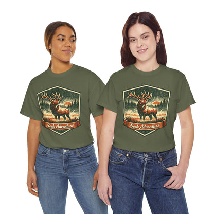 Elk At Dawn Vintage Badge Tee | Seek Adventure Graphic Shirt | Outdoor Nature Gift