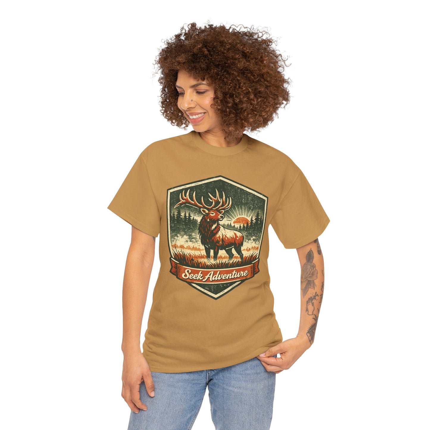 Elk At Dawn Vintage Badge Tee | Seek Adventure Graphic Shirt | Outdoor Nature Gift