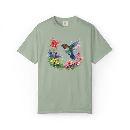 Hummingbird Wildflower Watercolor Tee | Jewel Tone Nature Shirt | Bird Watcher Gift