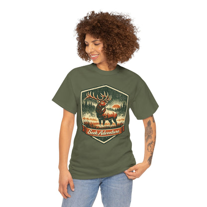 Elk At Dawn Vintage Badge Tee | Seek Adventure Graphic Shirt | Outdoor Nature Gift