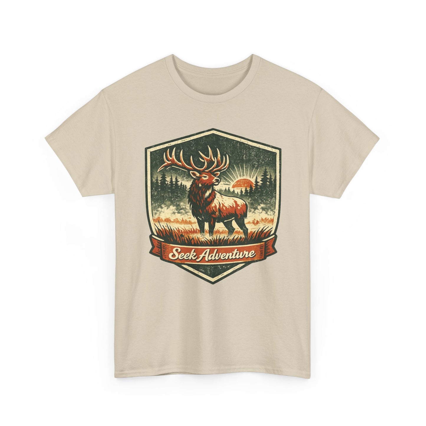 Elk At Dawn Vintage Badge Tee | Seek Adventure Graphic Shirt | Outdoor Nature Gift