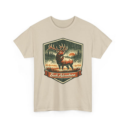 Elk At Dawn Vintage Badge Tee | Seek Adventure Graphic Shirt | Outdoor Nature Gift