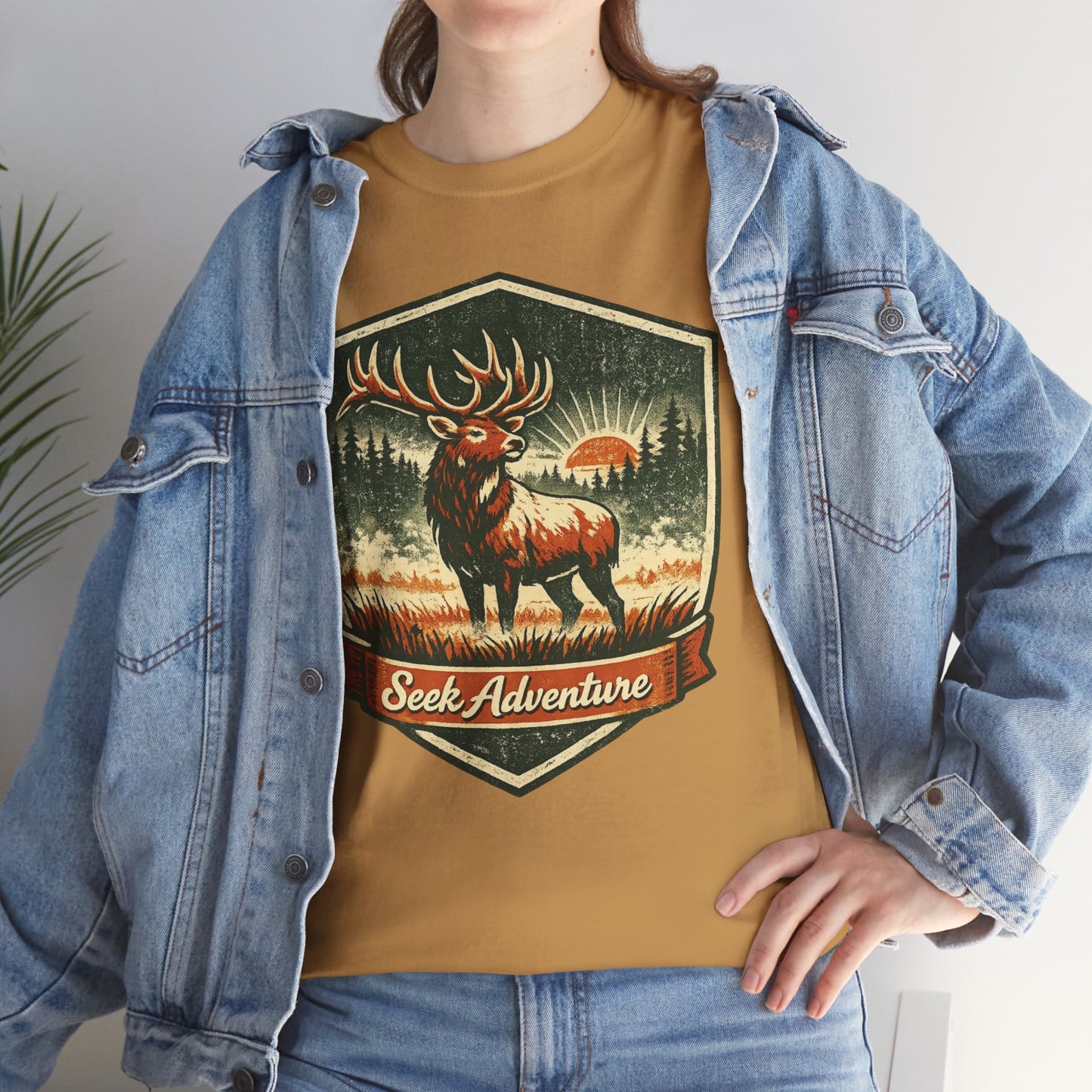 Elk At Dawn Vintage Badge Tee | Seek Adventure Graphic Shirt | Outdoor Nature Gift