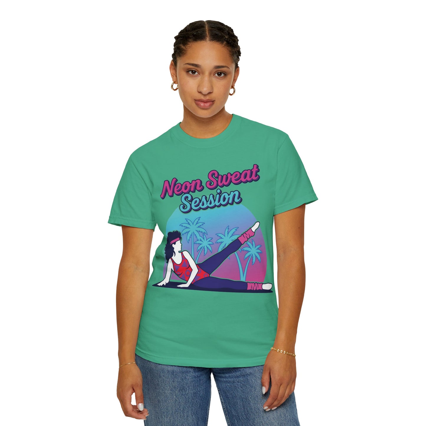 Neon Sweat Session Retro 80s Aerobics Graphic Tee | Vintage Workout Shirt