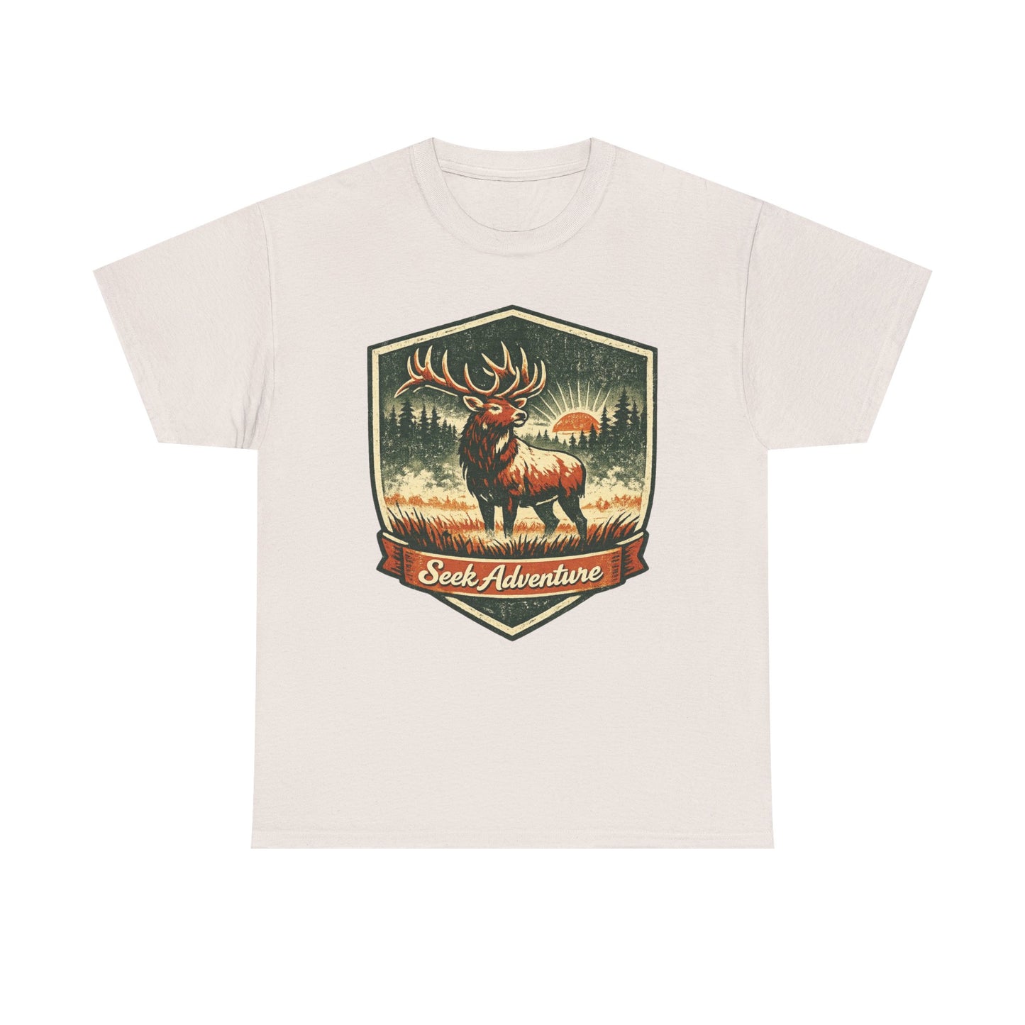 Elk At Dawn Vintage Badge Tee | Seek Adventure Graphic Shirt | Outdoor Nature Gift