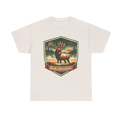 Elk At Dawn Vintage Badge Tee | Seek Adventure Graphic Shirt | Outdoor Nature Gift