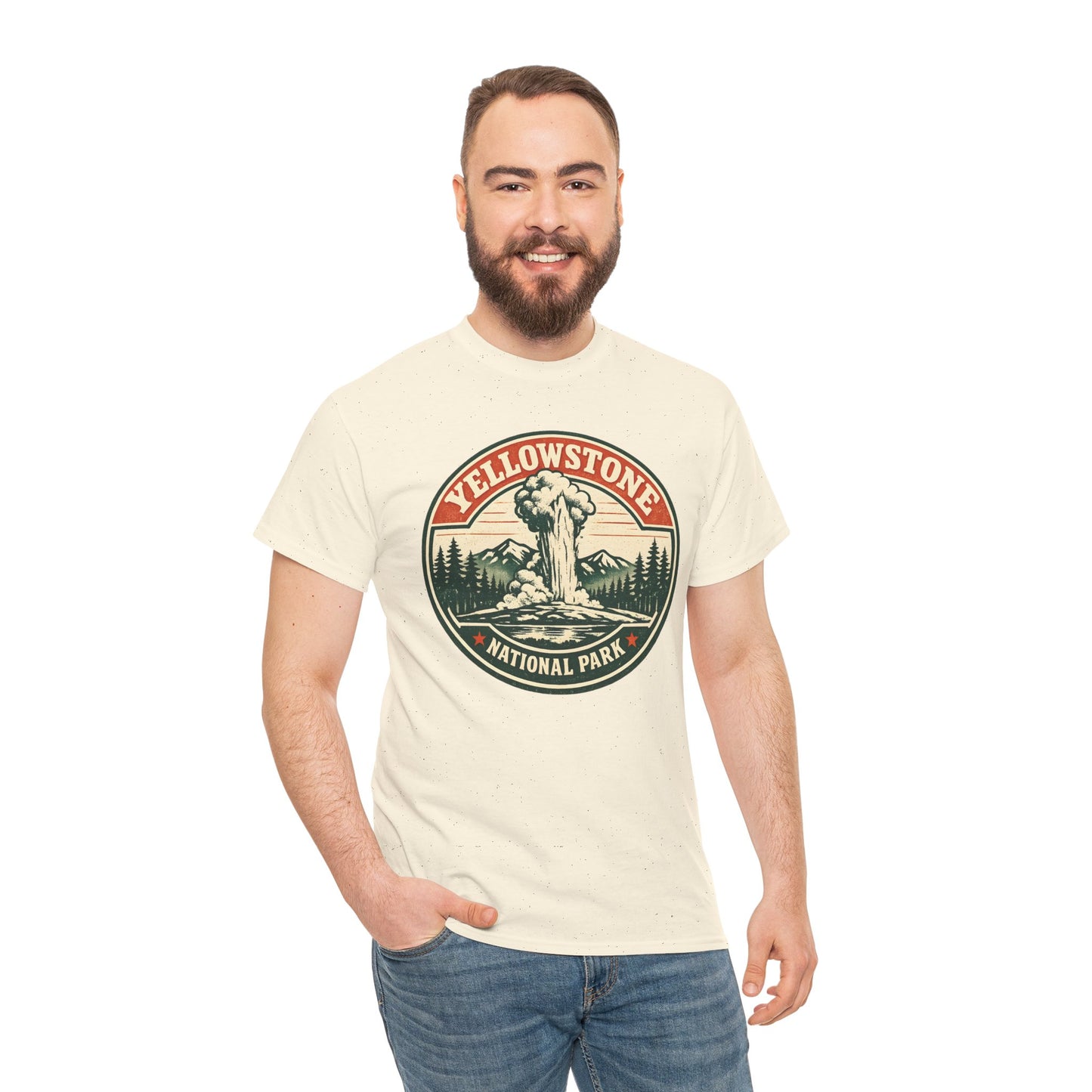 Yellowstone Park Badge Tee | Old Faithful Mountain Pine Trees Retro Circle Design