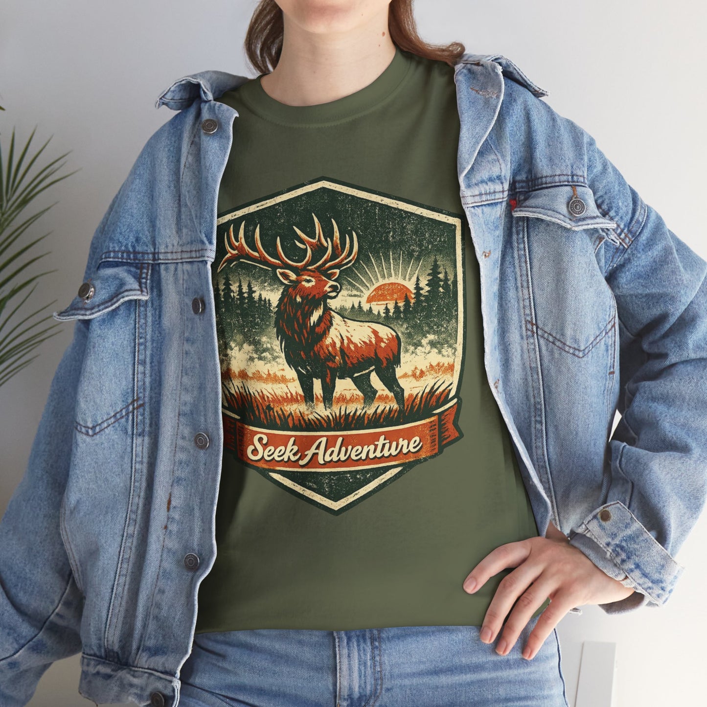 Elk At Dawn Vintage Badge Tee | Seek Adventure Graphic Shirt | Outdoor Nature Gift