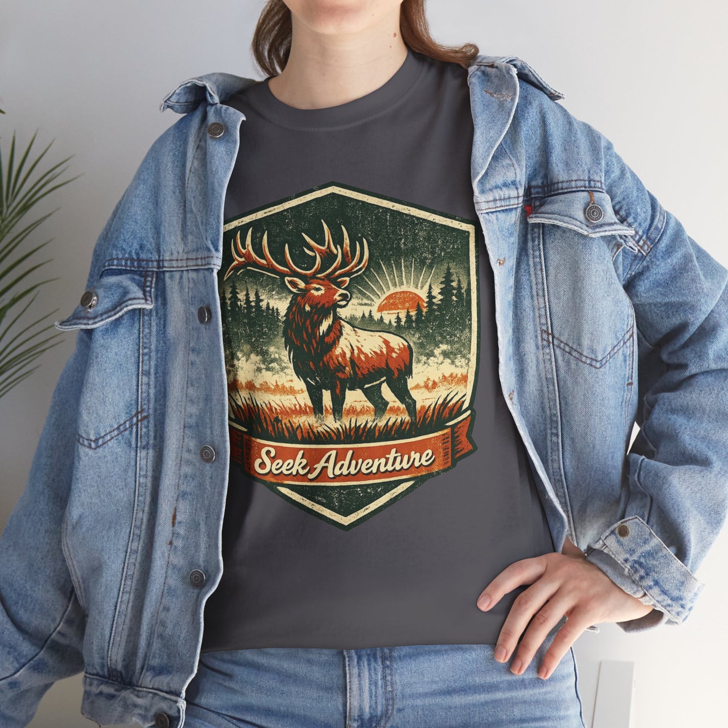 Elk At Dawn Vintage Badge Tee | Seek Adventure Graphic Shirt | Outdoor Nature Gift
