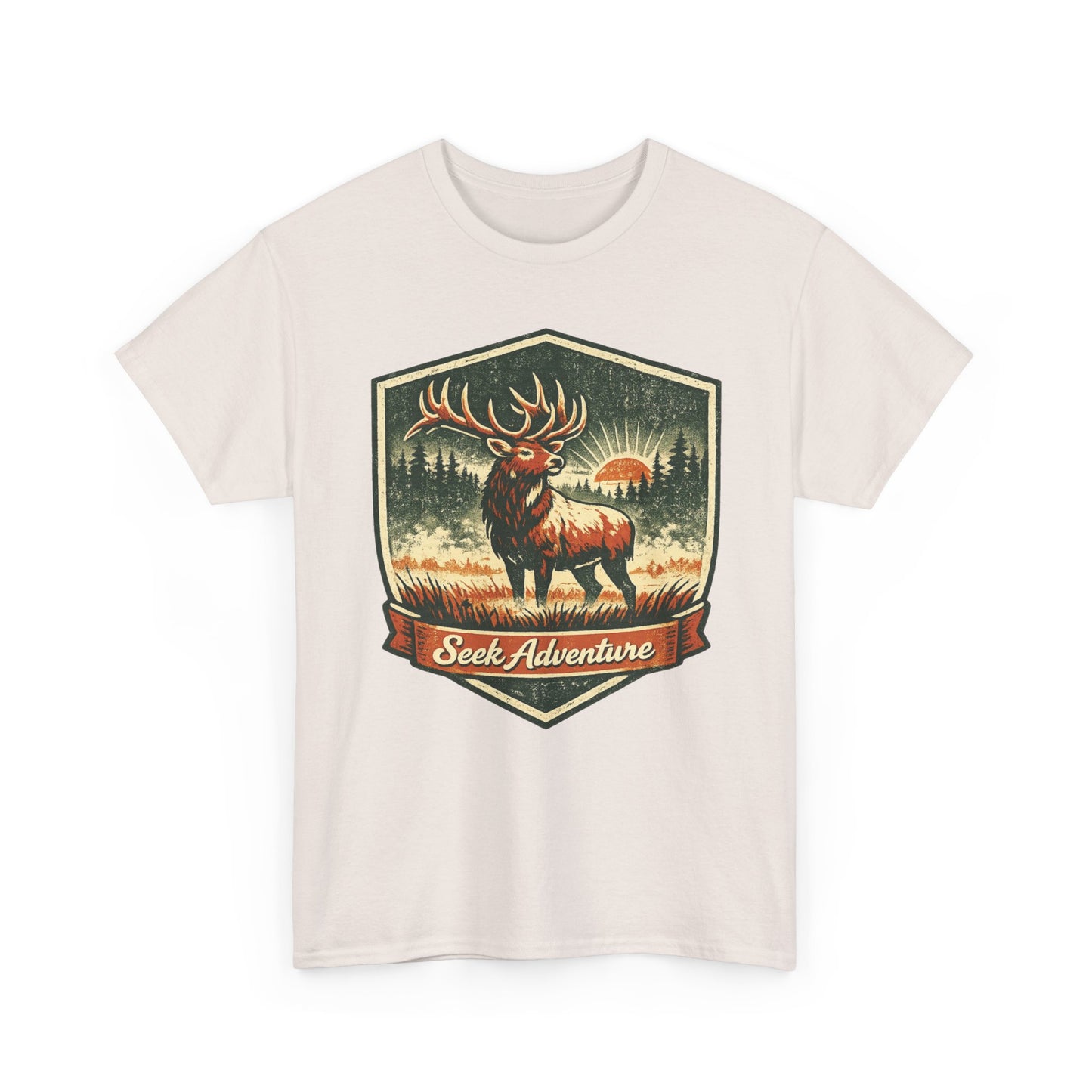 Elk At Dawn Vintage Badge Tee | Seek Adventure Graphic Shirt | Outdoor Nature Gift