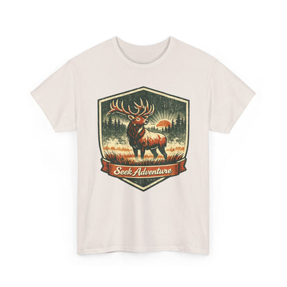Elk At Dawn Vintage Badge Tee | Seek Adventure Graphic Shirt | Outdoor Nature Gift