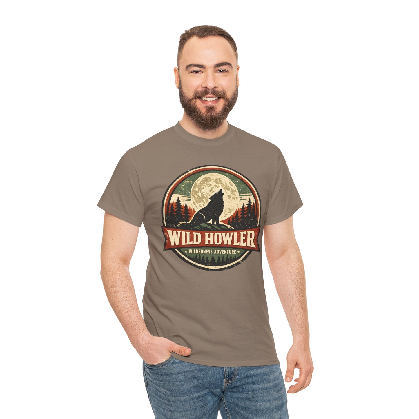 Howling Wolf Vintage Badge Tee | Full Moon Wilderness Shirt | Nature Lover Gift
