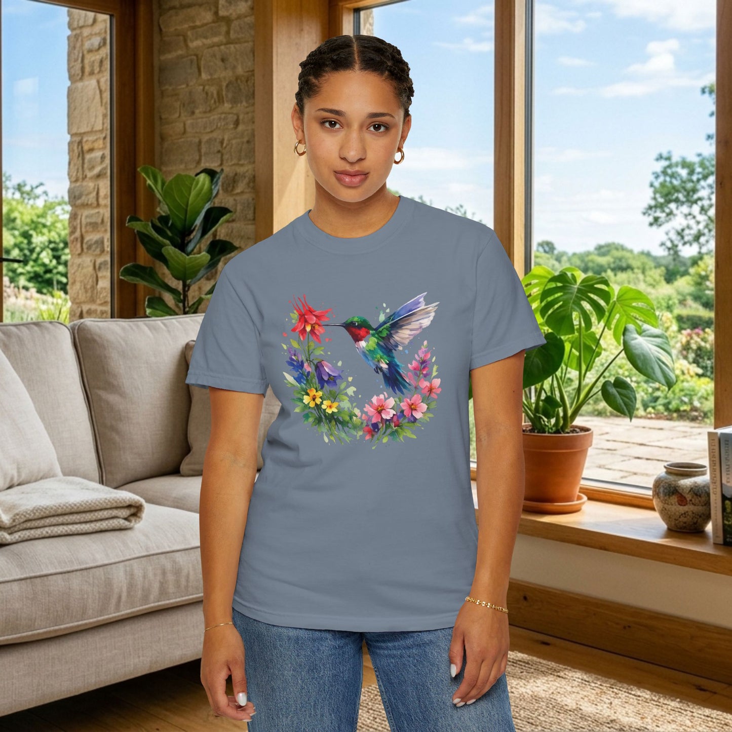 Hummingbird Wildflower Watercolor Tee | Jewel Tone Nature Shirt | Bird Watcher Gift