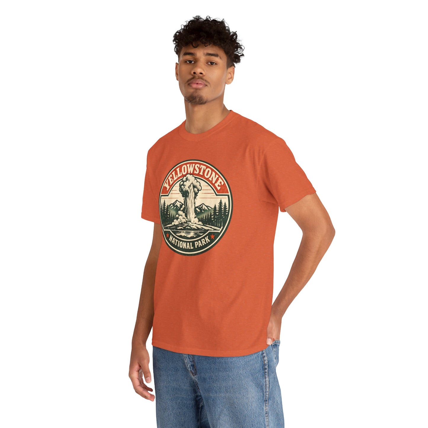 Yellowstone Park Badge Tee | Old Faithful Mountain Pine Trees Retro Circle Design