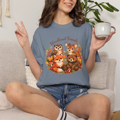 Woodland Friends Badge Watercolor Tee | Fox Bear Deer Owl Shirt | Nature Lover Gift