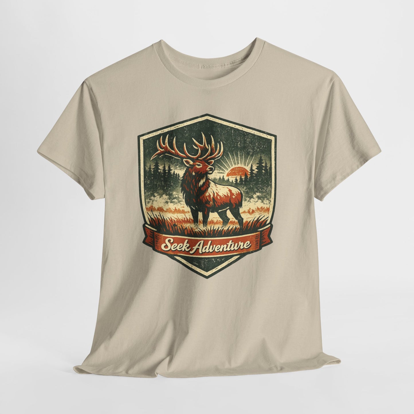 Elk At Dawn Vintage Badge Tee | Seek Adventure Graphic Shirt | Outdoor Nature Gift