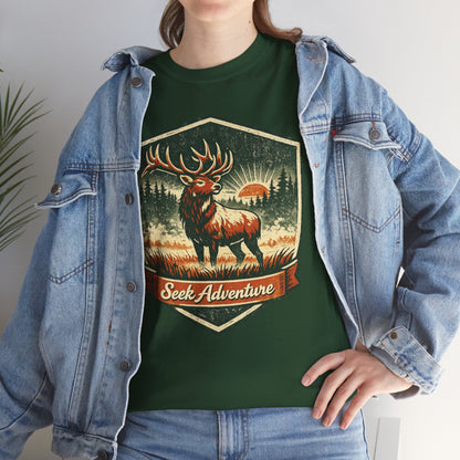 Elk At Dawn Vintage Badge Tee | Seek Adventure Graphic Shirt | Outdoor Nature Gift