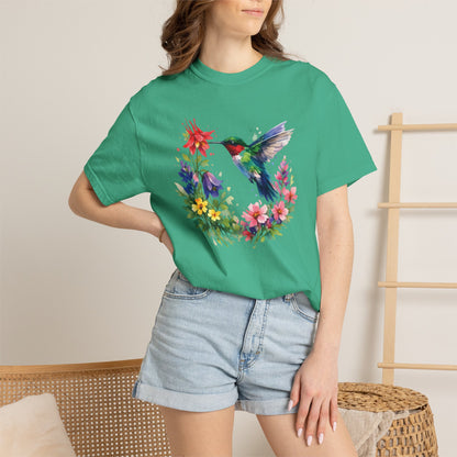 Hummingbird Wildflower Watercolor Tee | Jewel Tone Nature Shirt | Bird Watcher Gift