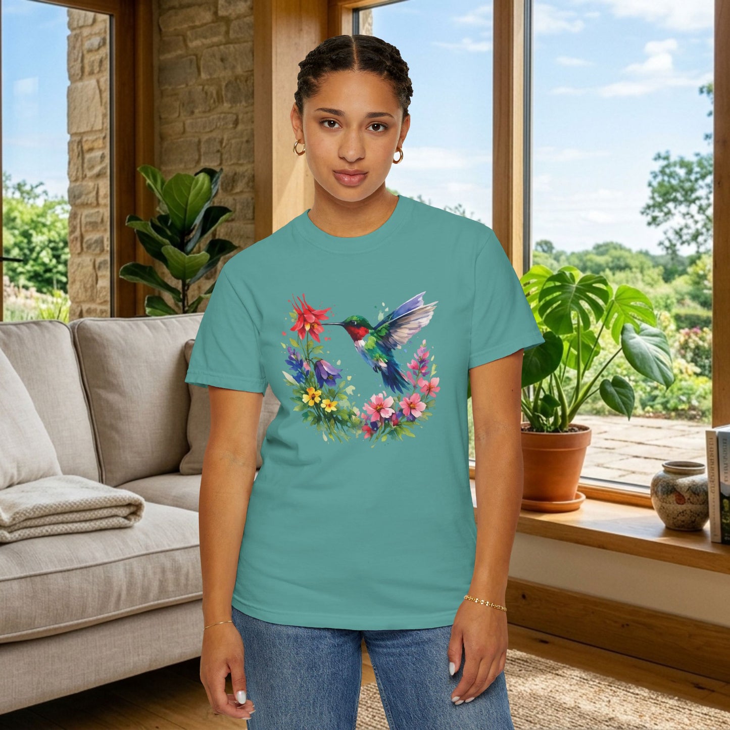 Hummingbird Wildflower Watercolor Tee | Jewel Tone Nature Shirt | Bird Watcher Gift