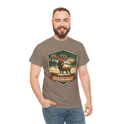 Elk At Dawn Vintage Badge Tee | Seek Adventure Graphic Shirt | Outdoor Nature Gift