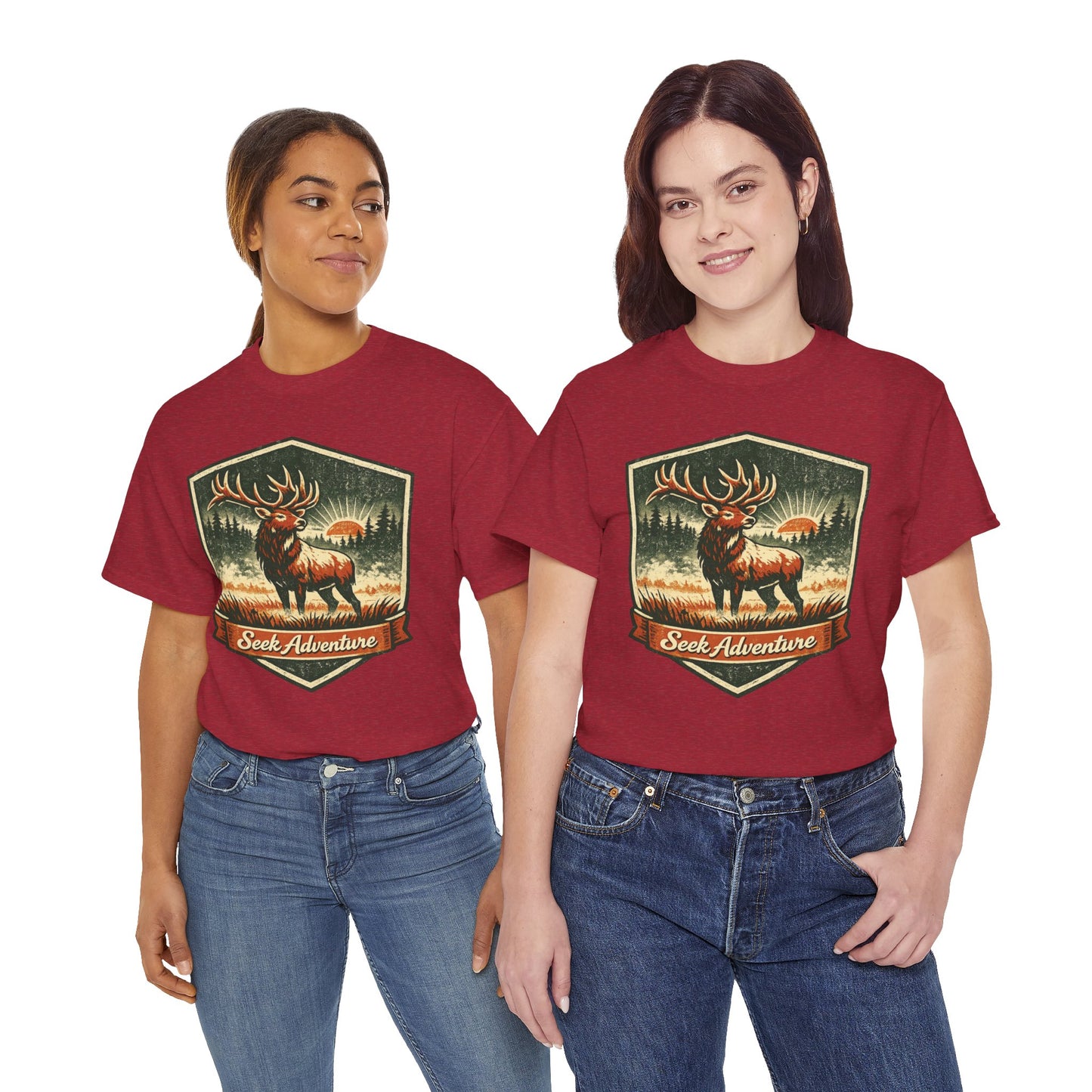 Elk At Dawn Vintage Badge Tee | Seek Adventure Graphic Shirt | Outdoor Nature Gift