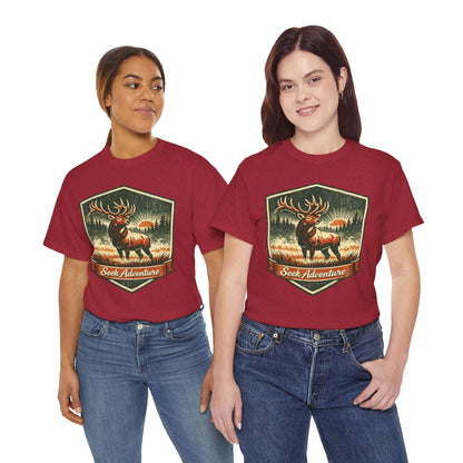Elk At Dawn Vintage Badge Tee | Seek Adventure Graphic Shirt | Outdoor Nature Gift