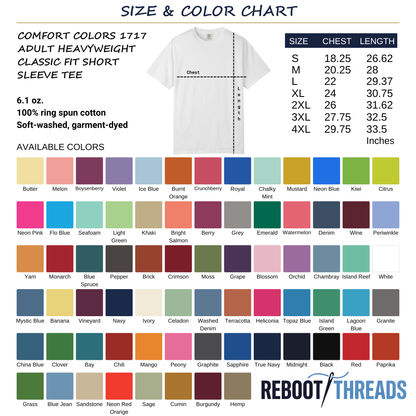 Comfort Colors 1717 unisex garment-dyed t-shirt size and color chart - Reboot Threads