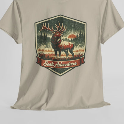 Elk At Dawn Vintage Badge Tee | Seek Adventure Graphic Shirt | Outdoor Nature Gift