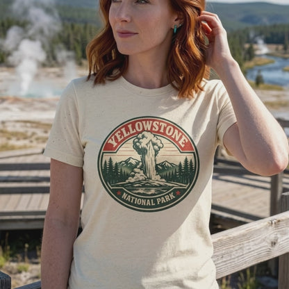 Yellowstone Park Badge Tee | Old Faithful Mountain Pine Trees Retro Circle Design